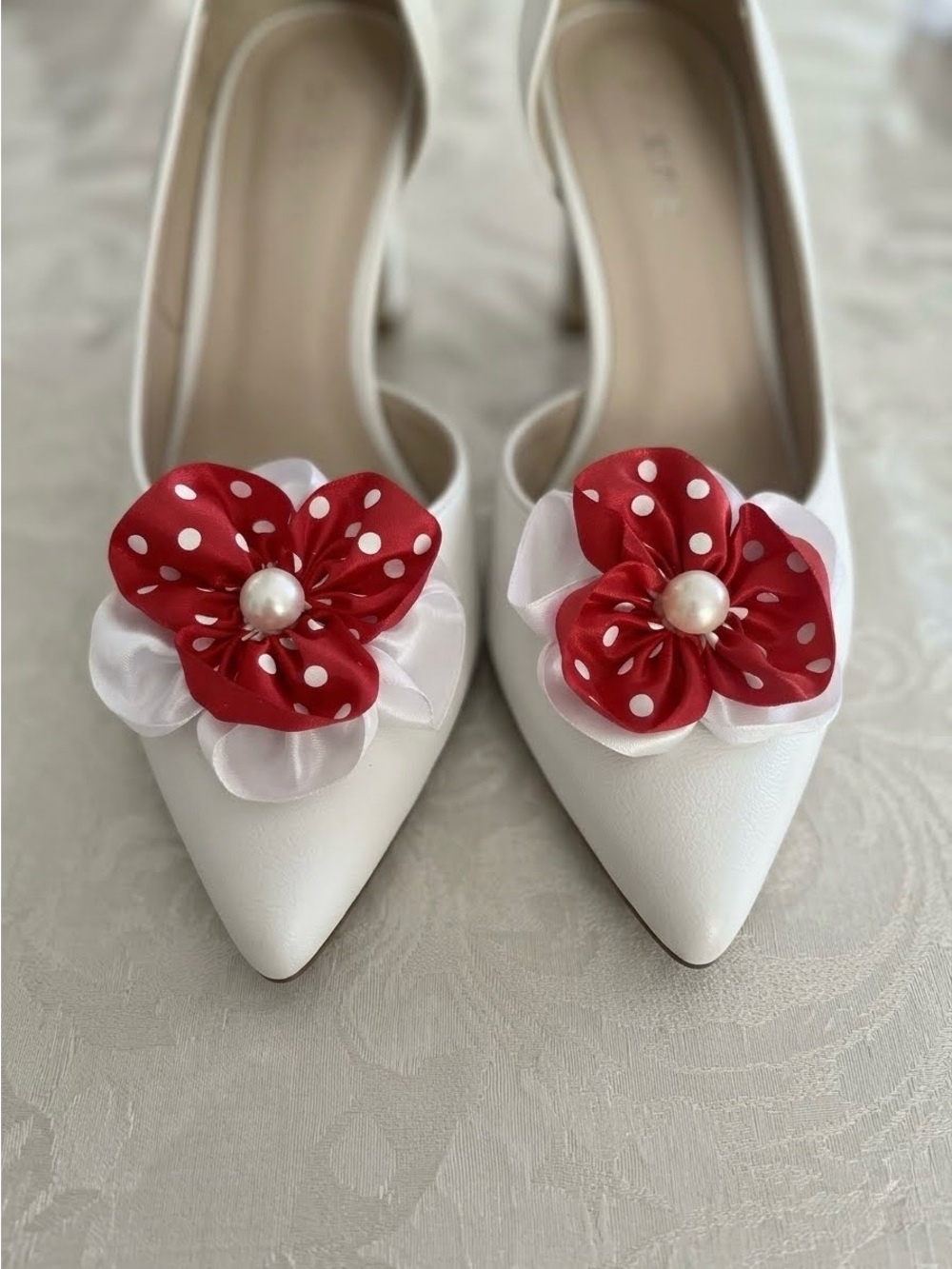 Handmade Red Polka Dot Flower Accent Shoe Clip On